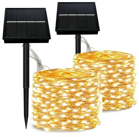 SOLARBABY 2 Guirnaldas Solares de Exterior 20M 200LED, 8 Modos IP65 Resistentes al Agua, Cadena de Luces LED Avideñas Para Decoración de Interiores, Fiestas, Bodas y Jardines-Blanco Cálido