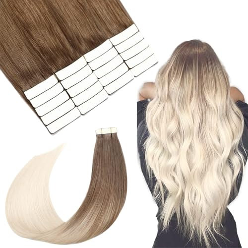 SURNEL Tape in Extension Echthaar Balayage Tape in Echthaar Farbe Aschbraun Mix Platinblond 14 Zoll 50g Tape in Echthaar Extension (tape#8T60-35cm)