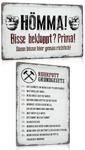 2er Set Ruhrpott Blechschilder 20x30cm - Retro Metallschilder mit Sprüchen Lustig - Ruhrpott Grundgesetz - Hömma - Witzige Humor Deko Schild Geschenk für Ruhrgebietsbewohner