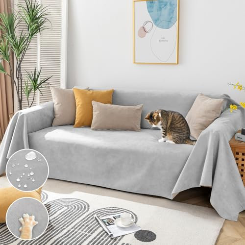 Royhom Kratzschutz Sofa Katze, Chenille Sofa Überzug Wasserdicht, Sofaschoner rutschfest, Couch Überzug Ecksofa, Sofabezug L Form, wasserdichte Decke, Couch Überwurf Hellgrau, 300x180 cm