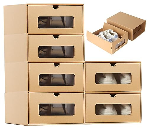 BEAHING Schuhkartons Karton, Schuhspeicherbox 6pcs Pappschublade Schuhkartons mit Fenster 13.78x9.06x5.31 Zoll Stapelbare Schuhkartons Organizer für Dateikleid oder Spielzeugspeicher, Schuhspeicher