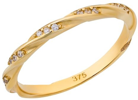 Ardeo Aurum Damen Goldring aus 375 Gold gedreht mit Zirkonia Steinchen schmal Vorsteckring Ansteckring Stapelring Gelbgold Größe 50