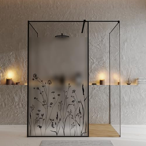 Wandtattoo Loft Sichtschutzfolie Duschkabine mit Blumenwiese Motiv, Wunschmaß in schwarz oder weiß, Klebefolie für Duschglastüren, Duschwand Folie Wasserfest, Klebefolie für Duschkabine