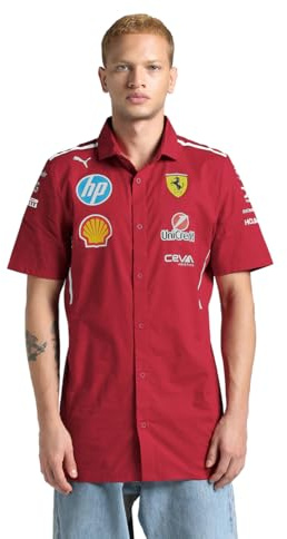 PUMA Scuderia Ferrari F1 2025 Team Shirt - Red | Collared team shirt with button placket, Team stripe detail, Officially licensed