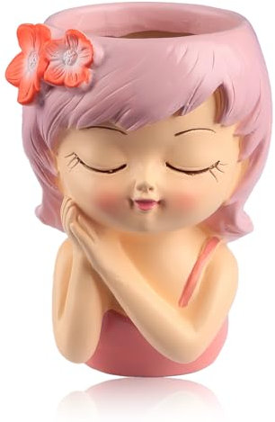 Bojueshaw Face Planter Pot,Resin Human Head Planter,Small Cute Girl Face Succulent Pots,Succulent Plant Pot for Indoor Outdoor Cacti Home Garden(Pink)