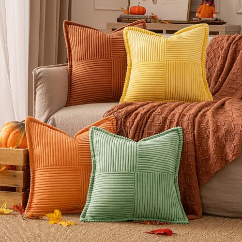 EMEMA Kordsamt Kissenbezug 50x50 Orange-grün Serie Kissenhülle 4er Set | Herbst Kissenbezüge Sofakissen Dekokissen Dekorativ Zierkissen Couchkissen für Wohnzimmer Schlafzimmer
