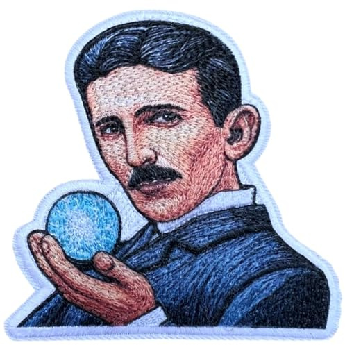 Nikola_Tesla Aufnäher zum Aufbügeln oder Aufnähen, 7,6 cm, Hochformat mit leuchtendem Elektrokugel-Design, perfekt für Jacken, Rucksäcke, Wissenschaft, Physik, Ingenieure, Erfinder und Geschichtsfans