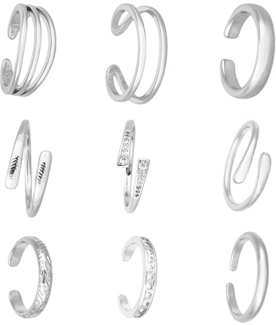 Mikovivi 9 Teiliges Zehenring Set für Damen, Verstellbares Offenes CZ Zehenring Set Zierlicher Fußschmuck für den Sommerstrand Modisches Fußschmuck Accessoire Damen