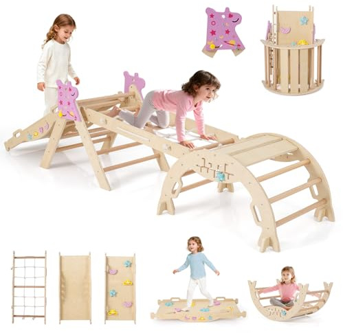 GOPLUS 9 en 1 Triangle Escalade Montesorri pour Enfants 1 Ans+, Parcours Montesorri Bebe Bois Pliable avec Arche, Rampe, Corde&Échelle, Pont, Aire de Jeux Intérieur (Licorne|9 en 1,Naturel)