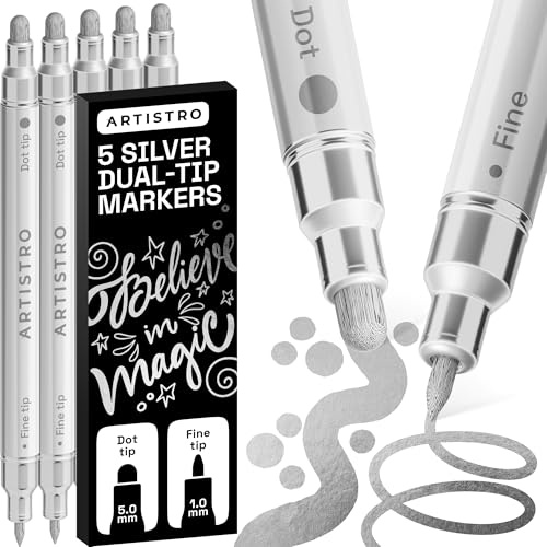ARTISTRO 5 Silver Acrylic Paint Markers for Rock, Fabric, Wood, Glass, Eggs - Dual-Tip Paint Pens for Coloring Books for Adults, Teens, Kids - Art & Craft Supplies - Gift Idea - Easter Basket Stuffers