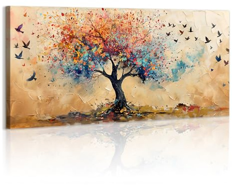 WENGTIAO Farbenfroher Lebensbaum Leinwand Bilder Große Kunstdrucke Gerahmt | Vintage Abstrakt Bunte Baum Fliegende Vögel Gemälde auf Leinwand Wohnzimmer Schlafzimmer Wanddeko 120x50 cm