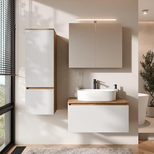 Planetmöbel Arisa Badmöbel Set Waschtisch mit Unterschrank | 80 cm, gold eiche weiß (geriffelt) mit ARIA Spiegelschrank und Hochschrank, Waschbecken 55 cm gold eiche weiß, Raumsparsiphon