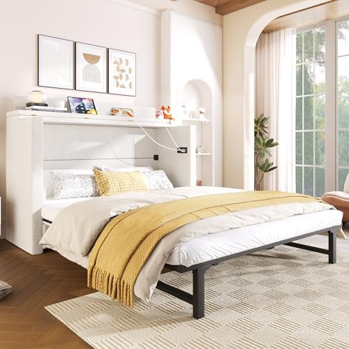 Idemon Cama para armario, 140 x 200 cm, con un cajón, cama móvil con compartimento de almacenamiento en la cama, con puertos USB y tipo C, cama de plataforma transformable, sin colchón, lino, beige