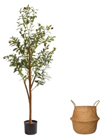 AzureLeap 4FT Artificial Olive Tree Indoor, Tall Faux Olive Tree with Pot&Basket, Large Fake Olive Tree with Realistic 576 Silk Leaves and 32 Fruits for Living Room Home Office Decor