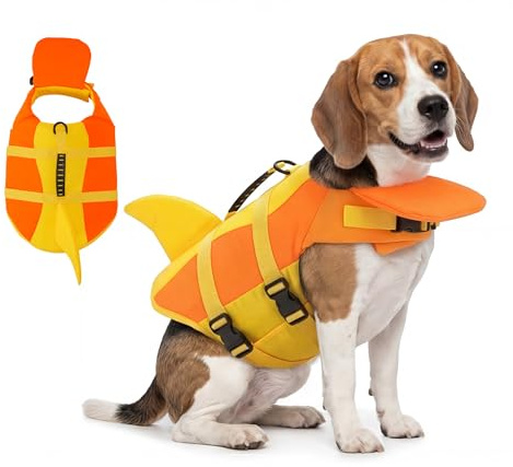 RANPHY – Gilet de sauvetage pour chien en forme de requin avec flotteur pour le menton, gilet de nage à haute flottabilité avec poignée de sauvetage et anneau de laisse pour la piscine, la navigation