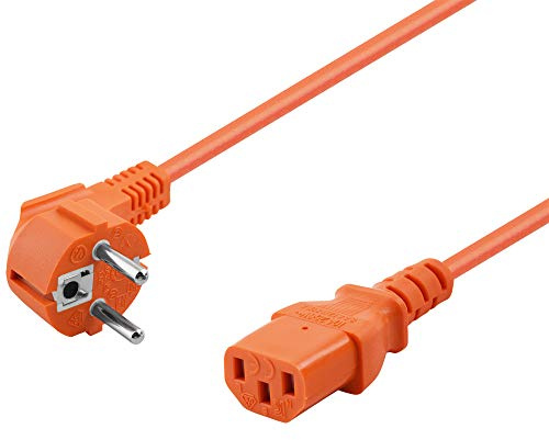 2m Strom-Kabel Netzkabel für Kaltgeräte, Schutzkontakt Stecker männlich 90° abgewinkelt auf C13 Buchse Kupplung weiblich gerade, Orange