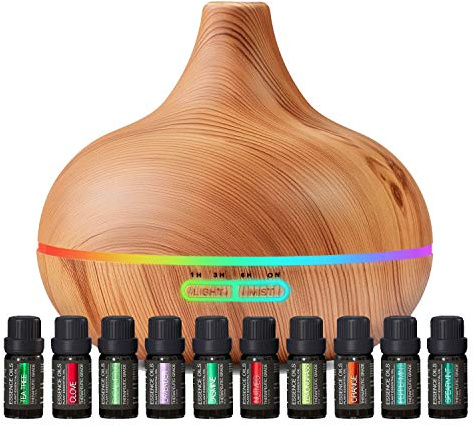 Ultimate Aromatherapy Diffuser & Essential Oil Set - Ultrasonic Top 10 Oils Modern with 4 Timer 7 Ambient Light Settings Therapeutic Grade Lavender