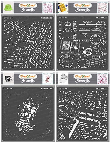 CrafTreat wiederverwendbare Mixed-Media-Schablonen zum Malen auf Holz, Leinwand, Papier, Stoff, Wand und Fliesen – Kratz-, Post-, Grunge- und Zeitungsdruck – 4 Stück 15,2 x 15,2 cm