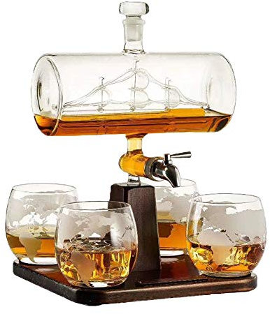 1000ML Whiskey Karaffe Schiff Anzug, Mit 4 Whiskeygläser Und Holzständer, 100% Bleifreies Glas, Perfekte Geschenke Set Für Alkohol, Scotch, Bourbon, Vodka