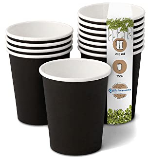BIOZOYG 250x bicchierini caffè 200 ml / 8 oz, Ø 80 mm nero - bicchieri carta senza plastica e con materiali sostenibili - bicchierini caffe carta