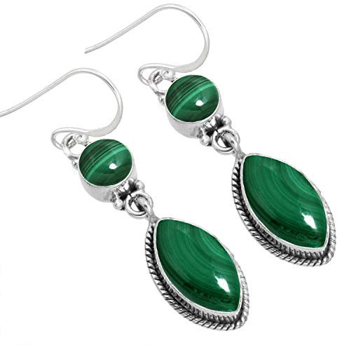 Jeweloporium Grüner Malachit Ohrhänger Silber, 925 Sterling Silber Ohrring für Frauen, Natürlicher Marquise Edelstein Boho Schmuck