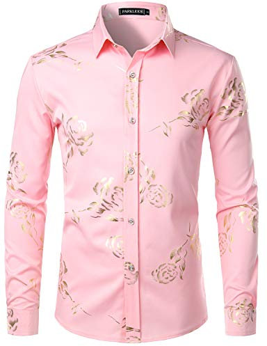 PARKLEES Mens Hipster Gold Rose Printed Slim Fit Long Sleeve Dress Shirts/Prom Performing Shirts PZ56 Pink L