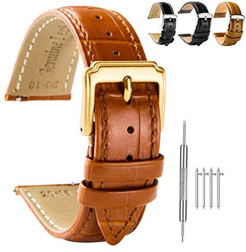 Spolife Leather Watch Straps for Men, Genuine Leather Replacement Bands, Stainless Steel Buckle, Quick Release Replacement Watchbands 16mm 18mm 19mm 20mm 22mm (with Watchstrap Pins,Repair Tool)