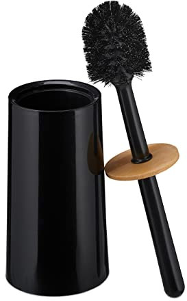 Relaxdays Brosse WC, avec récipient, Plastique et Bambou, Autonome, hygiénique, Balai Toilette avec Couvercle, Noir