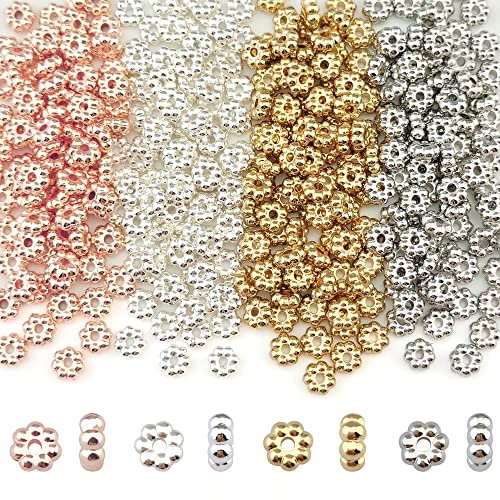 COIRIS 720 Stück 4 Farben Gänseblümchen Zwischenperlen 6 mm Gold Silber rhodiniert Metall Blume Lose Perlen für Armband Halskette Ohrring Schmuckherstellung Zubehör(RT-CCB4)