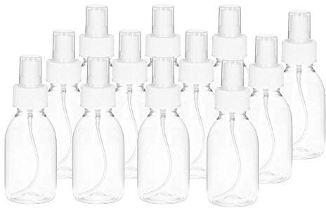 VENTON Botellas pequeñas de plástico transparente (100 ml) con tapas (juego de 12 unidades, bomba de pulverización).