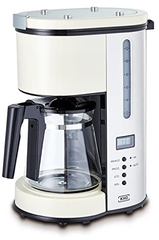 KHG Kaffeeautomat KA-114(MRE) aus Metall/Kunststoff in Creme, 12 Tassen, mit Glaskanne 1,5 Liter, Permanentfilter, Abschaltautomatik, LCD-Anzeige mit Uhr, Wasserstandsanzeige, Tropfstopp