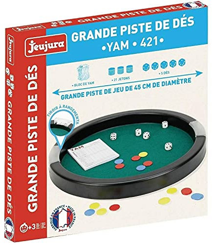Jeujura - - Grande Piste de des - Yam - 421 - Diamètre 45 cm - Piste de dès - 5 dès - 21 jetons - 1 Bloc pour Marque Les Points - A partir de 3 Ans - 8160