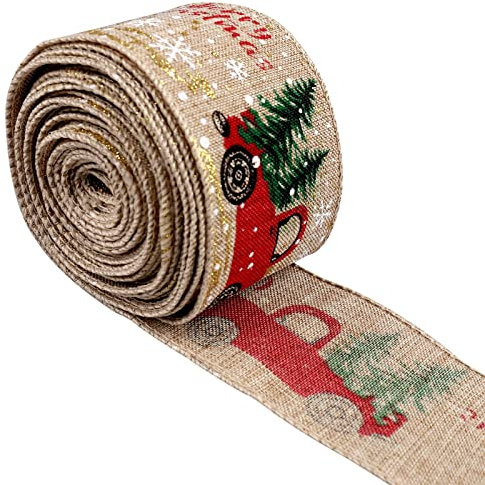 1 Roll Christmas Wired Ribbon, 2 Inch x 5.5 Yard Red Vintage Truck Ribbon Christmas Tree Bows Ribbon for Gift Wrapping Floral Bows Craft Christmas Tree Decoration