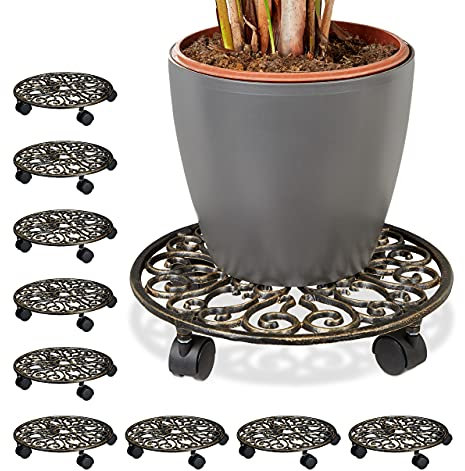 10x Pflanzenroller Gusseisen, rund, Ø 33,5 cm, Blumentopfuntersetzer, 4 Rollen, stabil, wetterfest, Blumenroller, Bronze