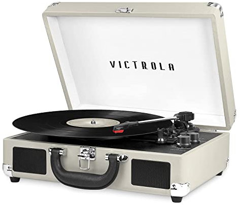 Victrola Reproductor de grabación de Maleta portátil Bluetooth Vintage de 3 velocidades con Altavoces incorporados | Sonido de Audio Mejorado de la Plataforma giratoria | Gris Claro