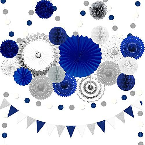 Navy Blue and Sliver Paper Fan Party Decoration, 23Pcs Hanging Paper Fans, Pom Poms Flowers, Garland String Polka Dot and Triangle Bunting Flag Packs for Graduation Party,Boy Birthday, Baby Shower