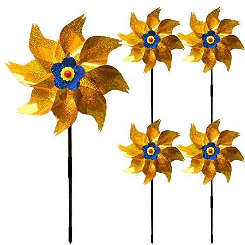 Sorzlluo Reflektierende Windmühle, Windrad Vogelabwehr Reflektierend Windmühle,Vogelabwehr für Garten, Obstgarten, Hof Balkon und Dach (golden-5pcs)