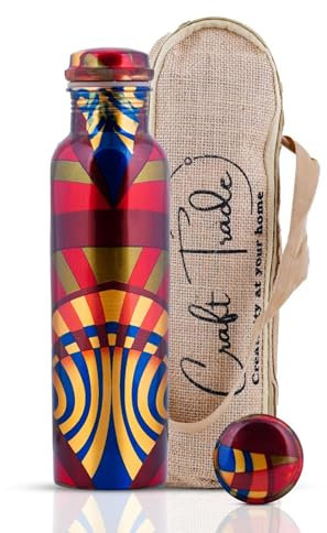 Craft Trade Printed Pure Copper Bottle with Lid and Carry Bag for Drinking Water BPA Free Leak Proof Boosts Immunity, Supports Digestive & Ayurveda Inspired 34oz - 1 Litre