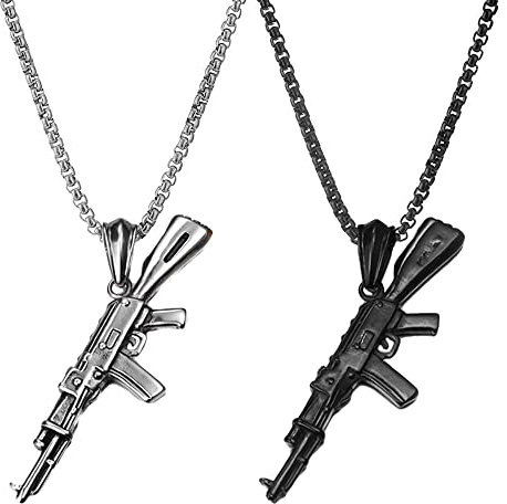 JKJF 2 Stück Armee Gewehr Anhänger Halskette Hip Hop Punk Rock Pistole Kette Gotik Sturmgewehr Halskette Vintage Biker Halskette für Herren - Schwarz Silber Stil 2