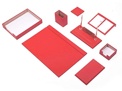 MOOG Schreibtisch-Set aus Leder – Schreibtisch-Organizer-Set – Büro-Schreibtischunterlagen-Zubehör – Dokumentenablage – 10 Zubehörteile – Schreibtisch-Organizer – 10 Schreibtisch-Speicher – (rot)…