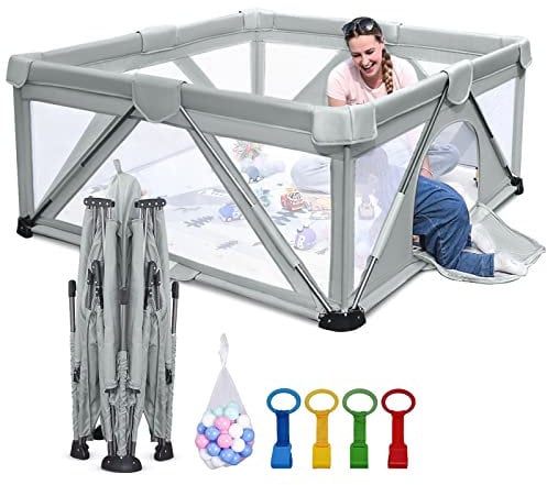 Baby Laufgitter faltbar, Heyo.Ja großer Spielhof, Laufgitter für Babys und Kleinkinder, Spiel Stifte für Babys und Kleinkinder mit Tor, tragbarer Laufstall für drinnen und draußen (150 x 180 x 68 cm)