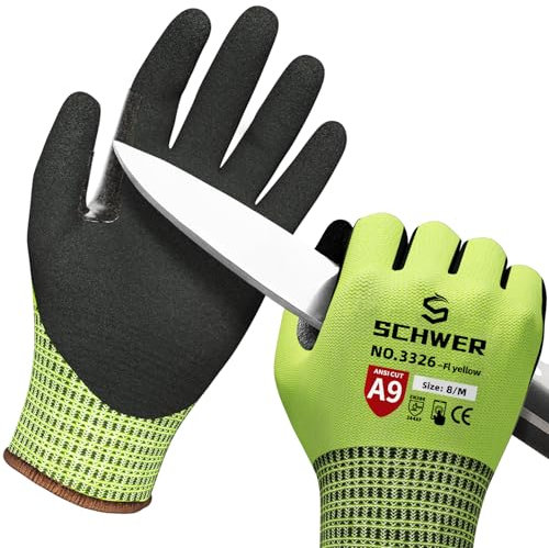 Schwer ProGuard Highest Level Cut Resistant Work Gloves PR3326 for Extreme Protection,ANSI A9 Cut Gloves with Reinforced Thumb, Non Slip, Breathable, Cooling, Durable, Touch-screen, Yellow 1 Pair(M)