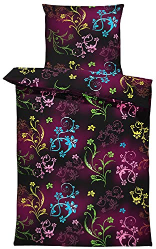 one-home Bettwäsche Mikrofaser Garnitur Bettbezug modern viele Muster mit Reißverschluss, Farbe:Blumen schwarz, Größe:4 teilig 155x220 cm