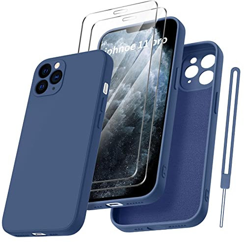 Qasyfanc für iPhone 11 Pro Hülle mit 2 Stück Hartglas Schutzfolie, Silikon Case Ultra Dünn Microfiber Kameraschutz Rundumschutz Anti-Kratzer Handyhülle für iPhone 11 Pro 5.8'' - Dunkelblau