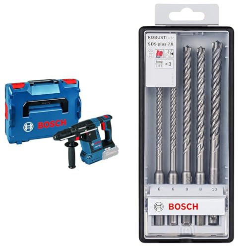 Akku-Bohrhammer BOSCH PROFESSIONAL SDS plus GBH 18V-26 Solo L-BOXX + 5x Expert SDS plus-7X Hammerbohrer Set (für Stahlbeton, Ø 6-10 mm, Zubehör)
