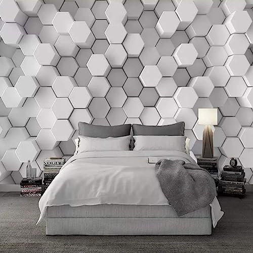 GIVLWF Papier Peint Panoramique de Hexagone Blanc Créatif Moderne, Mosaïque Géométrique 3D Poster Murale Intissé - pour Chambre Salon Décoration Murale - 300 x 210 cm