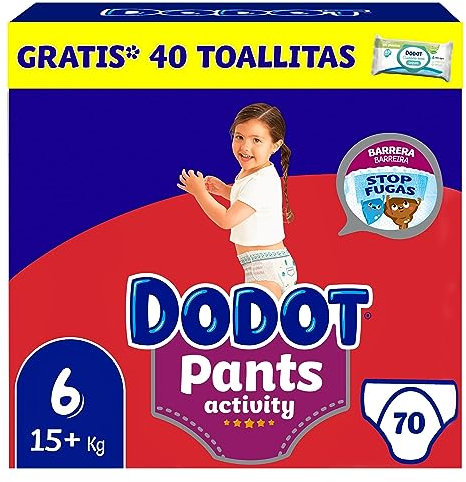 Dodot Pañal-Braguita Activity Pants, Talla 6 (14-19 kg), 70 Pañales + Regalo de 1 Pack de 40 Toallitas Con Ajuste 360 anti-fugas extra suave