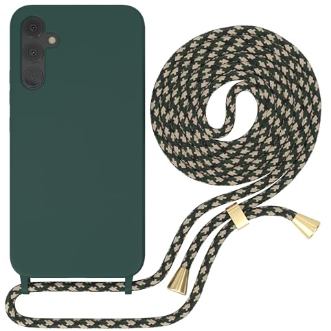 EAZY CASE - Handyhuelle mit Kordel zum Umhängen - Samsung Galaxy A34 Ultra Dünn, Flexibles Silikon, Fallschutz, Guter Griff Handyhülle, Nacht Grün/Grün Camouflage Clips Gold