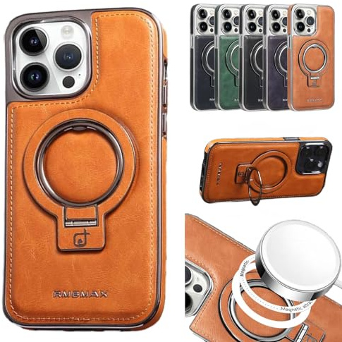OSEVIO Luxury Leather Invisible Stand Phone Case, Transmitg Premium Luxury Leather Invisible Stand for iPhone Case15/14/13/12 Pro Max, with Magnetic Invisible Ring Stand (For lphone 13,Brown)