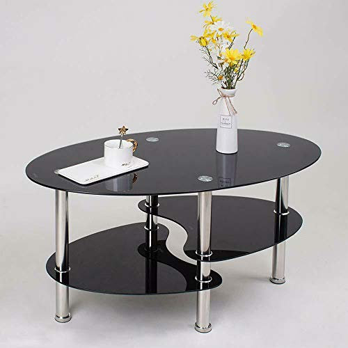 Cannoli Couchtisch Glas oval mit Zwei Ablagen in Hochglanz - Beistelltisch/Wohnzimmertisch,Couchtisch Glas mit 8mm Sicherheitsglas & Facettenschliff (90 * 50 * 43cm reines Schwarz)